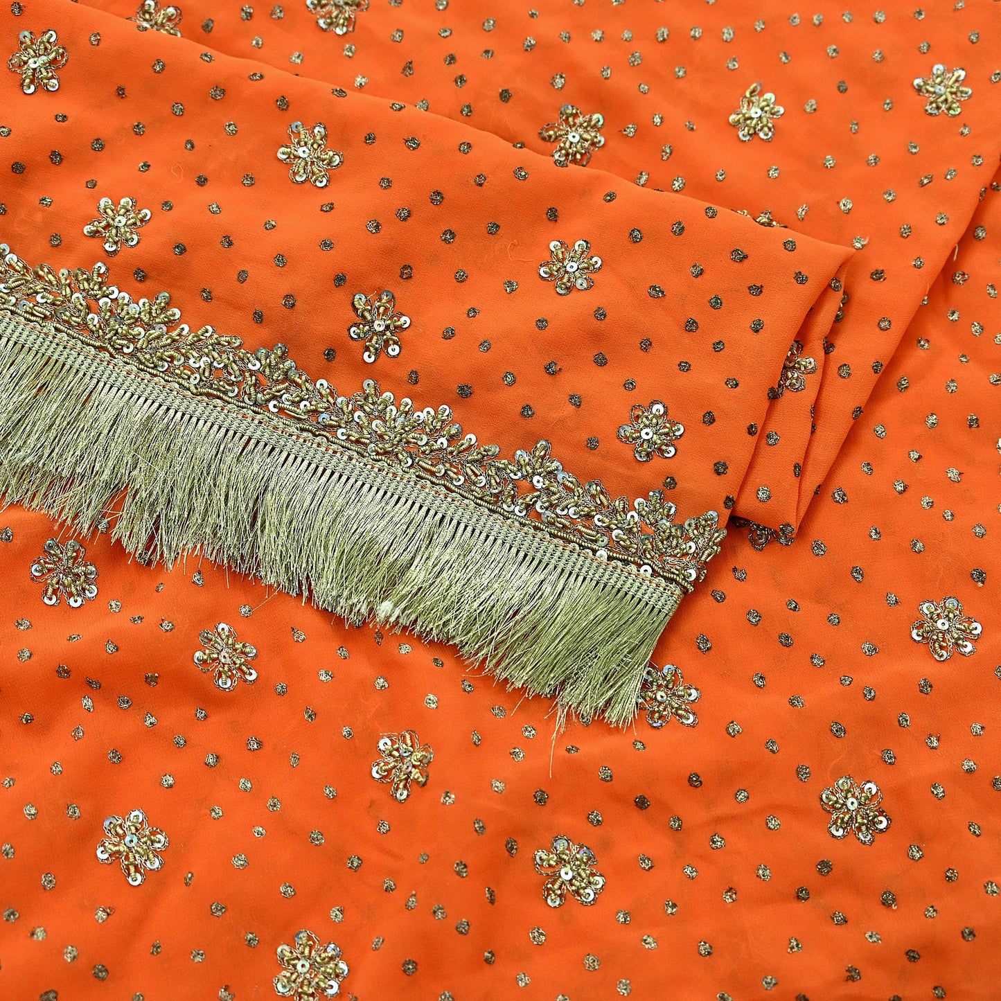Indian Vintage Heavy Orange Dupatta Pure Georgette Silk Long Stole Hand Embroidered Scarf Zari Zardozi Wedding/ Bridal Veil Hijab