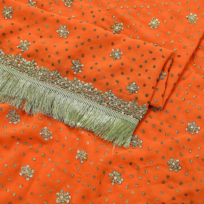 Indian Vintage Heavy Orange Dupatta Pure Georgette Silk Long Stole Hand Embroidered Scarf Zari Zardozi Wedding/ Bridal Veil Hijab