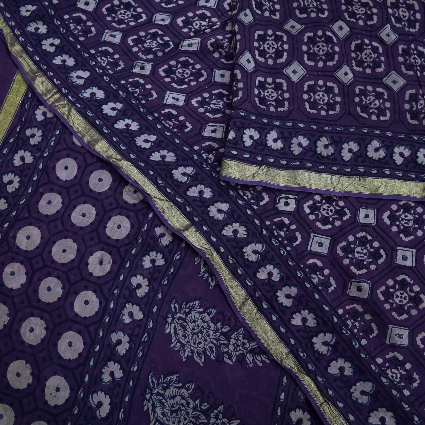 Indian Vintage Sari Purple Pure chanderi Silk Bagru Printed Saree 5Yd Fabric Floral Soft Zari Border Ethnic Upcycle Crafting Dress making