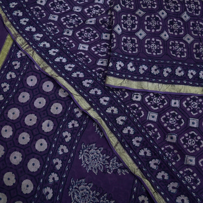 Indian Vintage Sari Purple Pure chanderi Silk Bagru Printed Saree 5Yd Fabric Floral Soft Zari Border Ethnic Upcycle Crafting Dress making