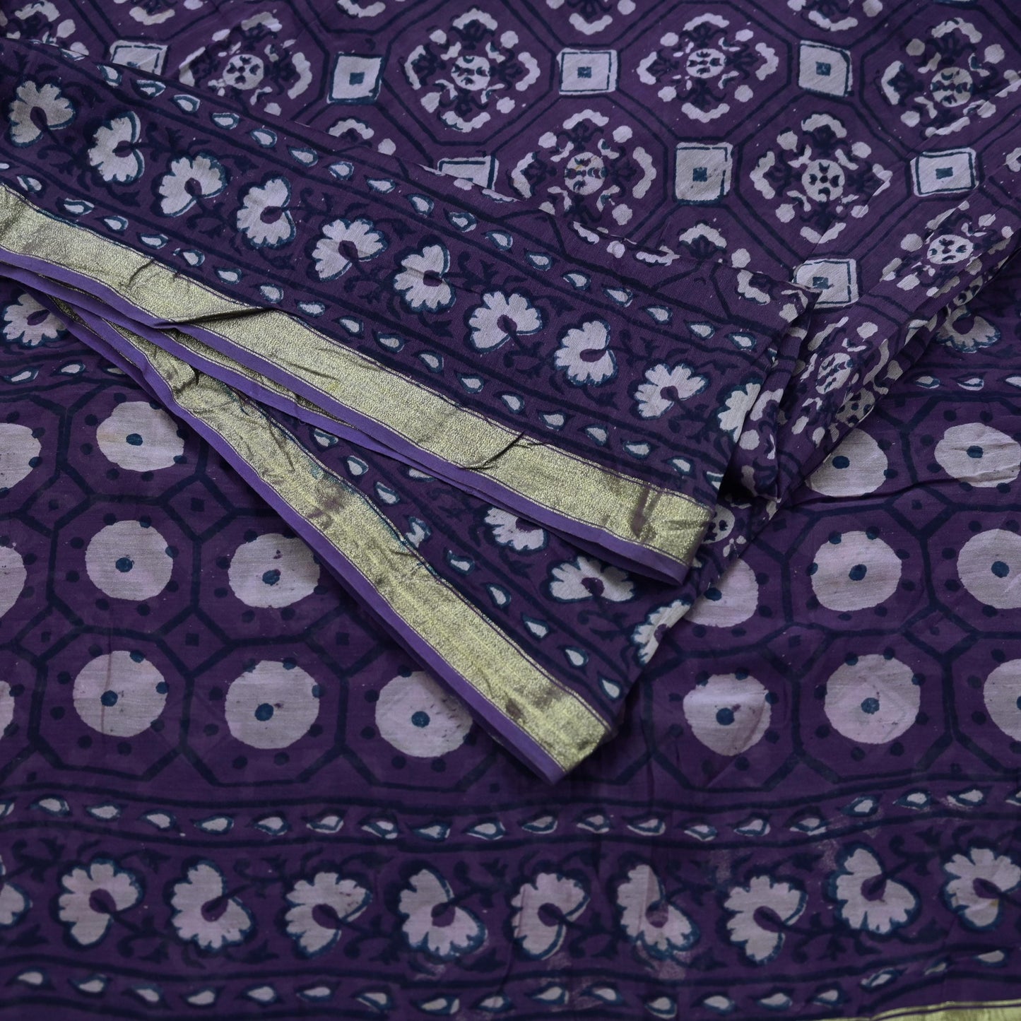 Indian Vintage Sari Purple Pure chanderi Silk Bagru Printed Saree 5Yd Fabric Floral Soft Zari Border Ethnic Upcycle Crafting Dress making