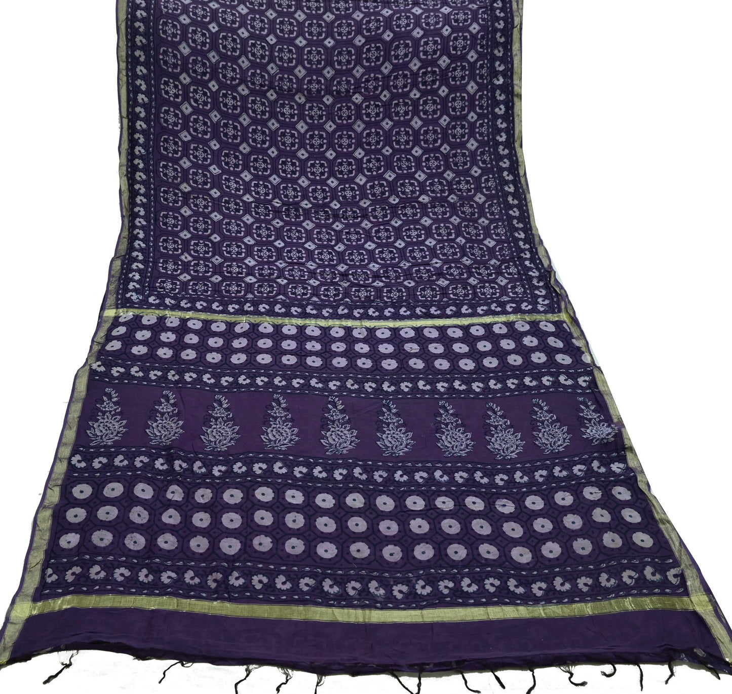 Indian Vintage Sari Purple Pure chanderi Silk Bagru Printed Saree 5Yd Fabric Floral Soft Zari Border Ethnic Upcycle Crafting Dress making
