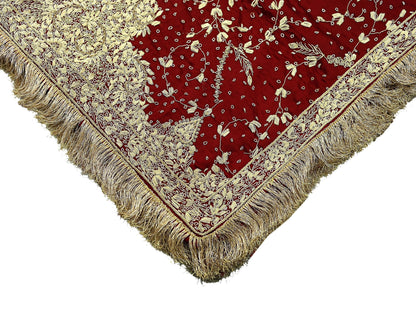 Indian Vintage Heavy Wedding Maroon Dupatta Pure Satin Silk Long Stole Hand Embroidered Scarves Golden Zardozi Stole Fringes Bridal veil