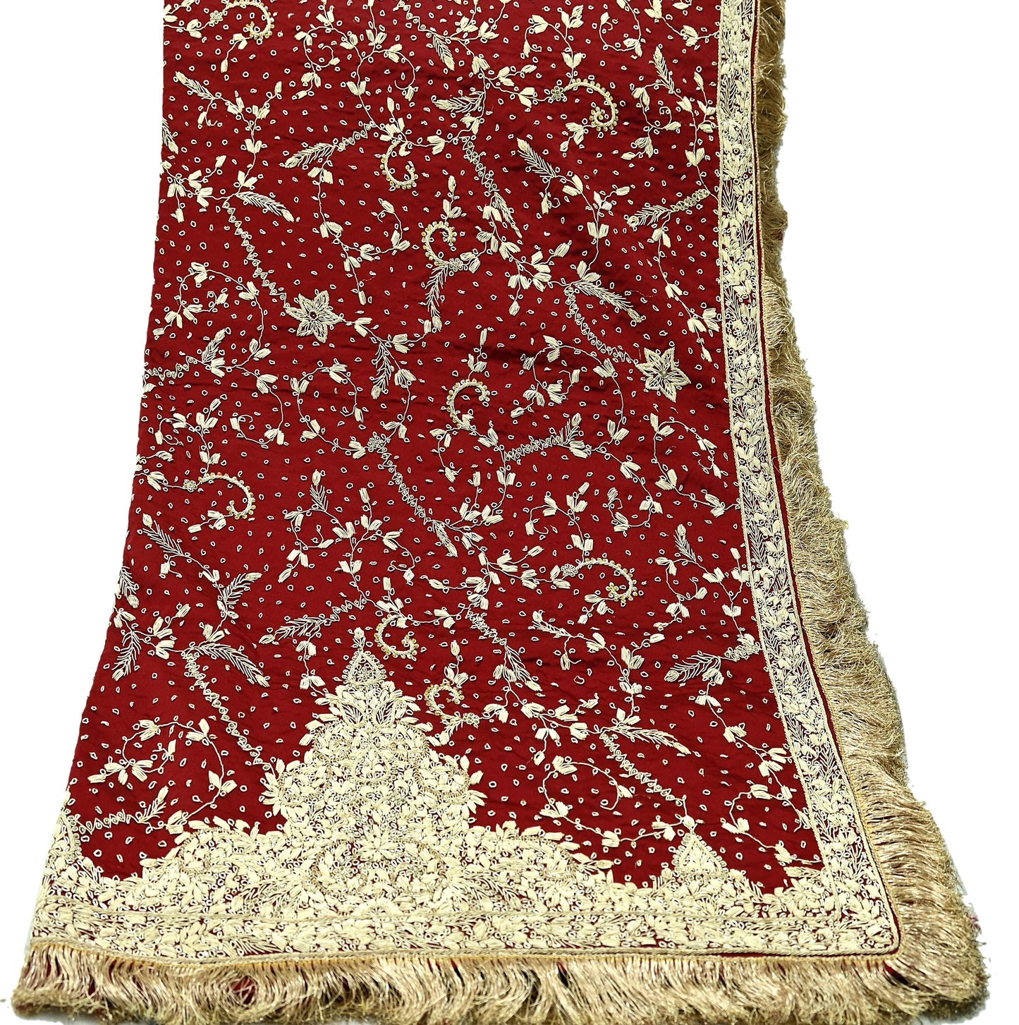Indian Vintage Heavy Wedding Maroon Dupatta Pure Satin Silk Long Stole Hand Embroidered Scarves Golden Zardozi Stole Fringes Bridal veil