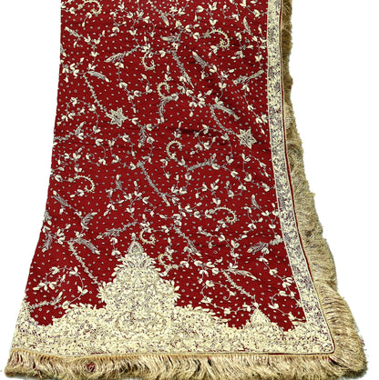 Indian Vintage Heavy Wedding Maroon Dupatta Pure Satin Silk Long Stole Hand Embroidered Scarves Golden Zardozi Stole Fringes Bridal veil
