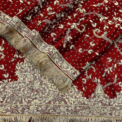 Indian Vintage Heavy Wedding Maroon Dupatta Pure Satin Silk Long Stole Hand Embroidered Scarves Golden Zardozi Stole Fringes Bridal veil