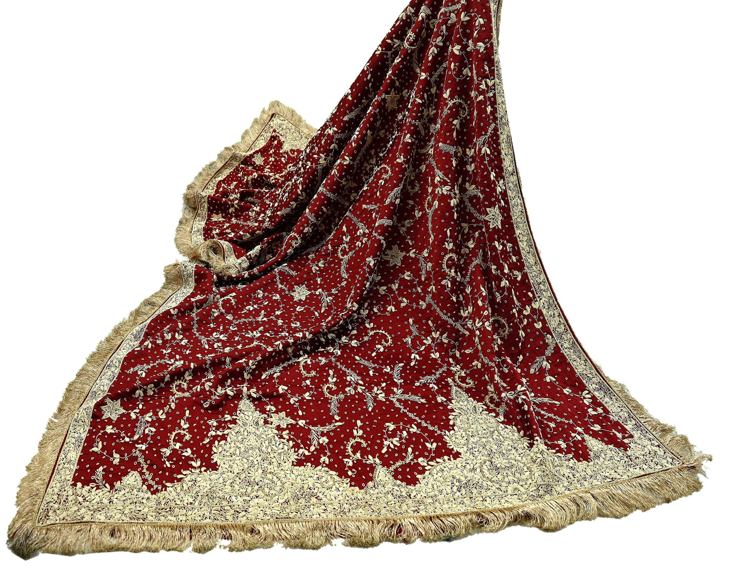 Indian Vintage Heavy Wedding Maroon Dupatta Pure Satin Silk Long Stole Hand Embroidered Scarves Golden Zardozi Stole Fringes Bridal veil