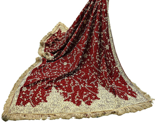 Indian Vintage Heavy Wedding Maroon Dupatta Pure Satin Silk Long Stole Hand Embroidered Scarves Golden Zardozi Stole Fringes Bridal veil