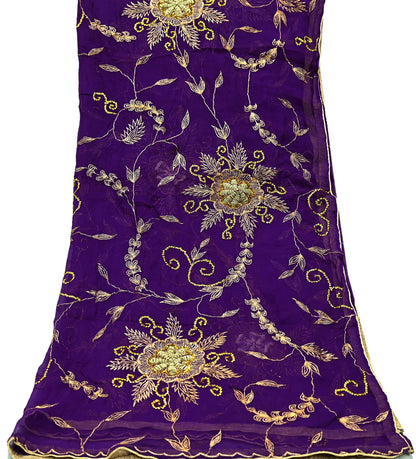 Indian Vintage Heavy Purple Dupatta Pure Chiffon silk Long Stole Hand Embroidered Scarves Floral Design Stole Veil Wrap Zari Zardozi