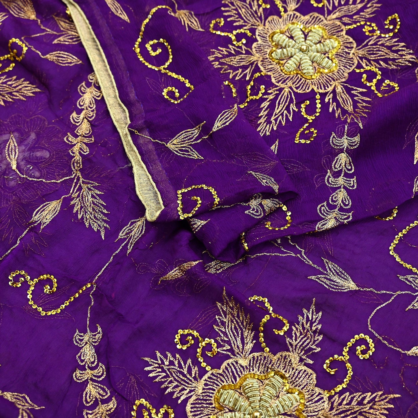 Indian Vintage Heavy Purple Dupatta Pure Chiffon silk Long Stole Hand Embroidered Scarves Floral Design Stole Veil Wrap Zari Zardozi