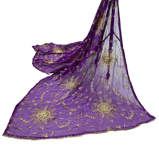 Indian Vintage Heavy Purple Dupatta Pure Chiffon silk Long Stole Hand Embroidered Scarves Floral Design Stole Veil Wrap Zari Zardozi