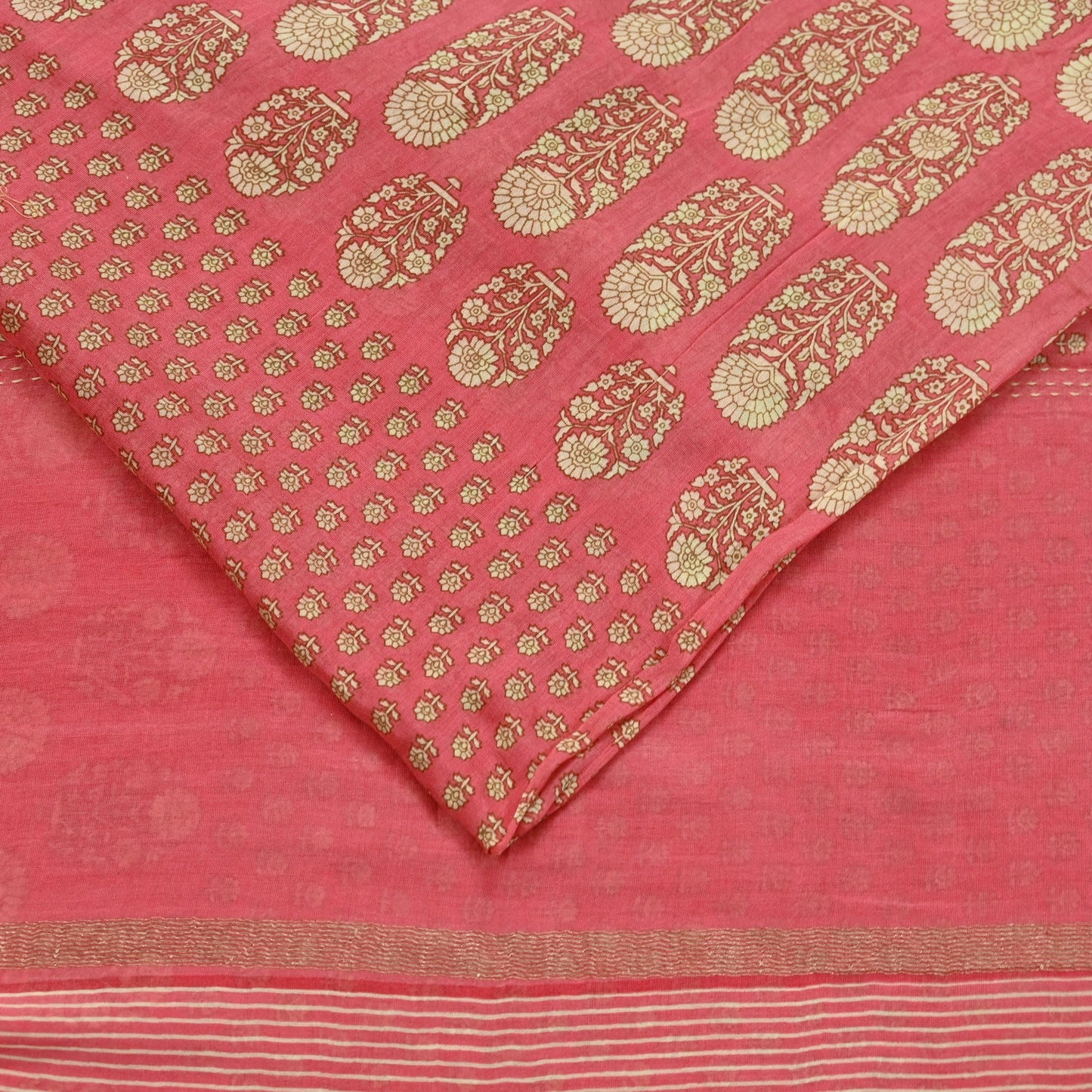 Indian Vintage Sari Peach Pure chanderi Silk Block Printed Sarees Craft Fabric 5Yd Zari Border Floral Dress making bollywood Fringes