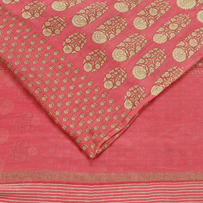 Indian Vintage Sari Peach Pure chanderi Silk Block Printed Sarees Craft Fabric 5Yd Zari Border Floral Dress making bollywood Fringes