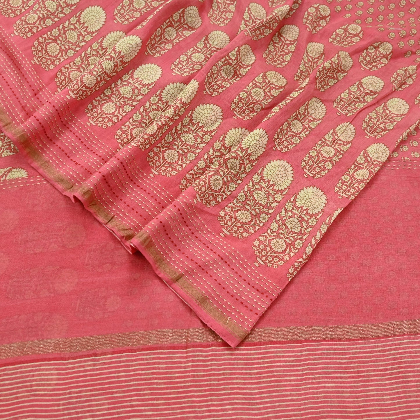 Indian Vintage Sari Peach Pure chanderi Silk Block Printed Sarees Craft Fabric 5Yd Zari Border Floral Dress making bollywood Fringes