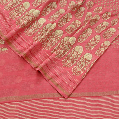 Indian Vintage Sari Peach Pure chanderi Silk Block Printed Sarees Craft Fabric 5Yd Zari Border Floral Dress making bollywood Fringes