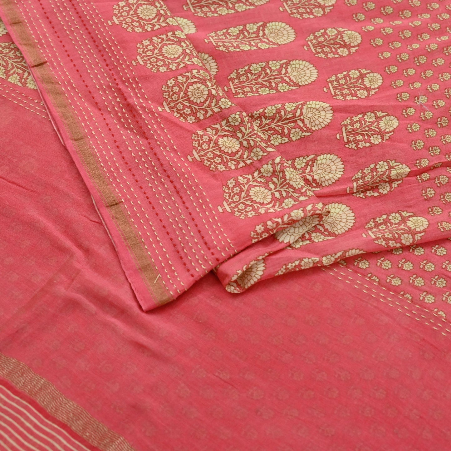 Indian Vintage Sari Peach Pure chanderi Silk Block Printed Sarees Craft Fabric 5Yd Zari Border Floral Dress making bollywood Fringes