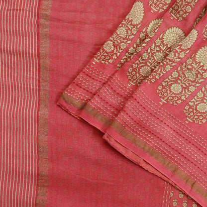 Indian Vintage Sari Peach Pure chanderi Silk Block Printed Sarees Craft Fabric 5Yd Zari Border Floral Dress making bollywood Fringes