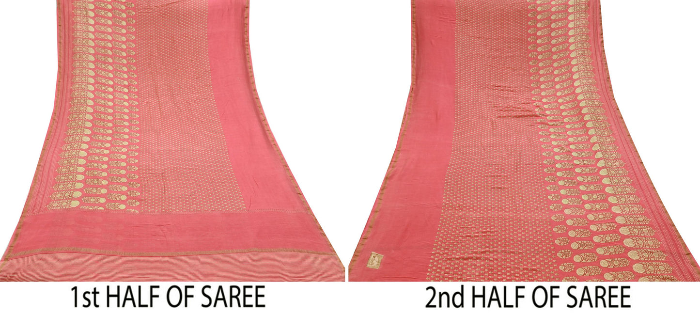 Indian Vintage Sari Peach Pure chanderi Silk Block Printed Sarees Craft Fabric 5Yd Zari Border Floral Dress making bollywood Fringes