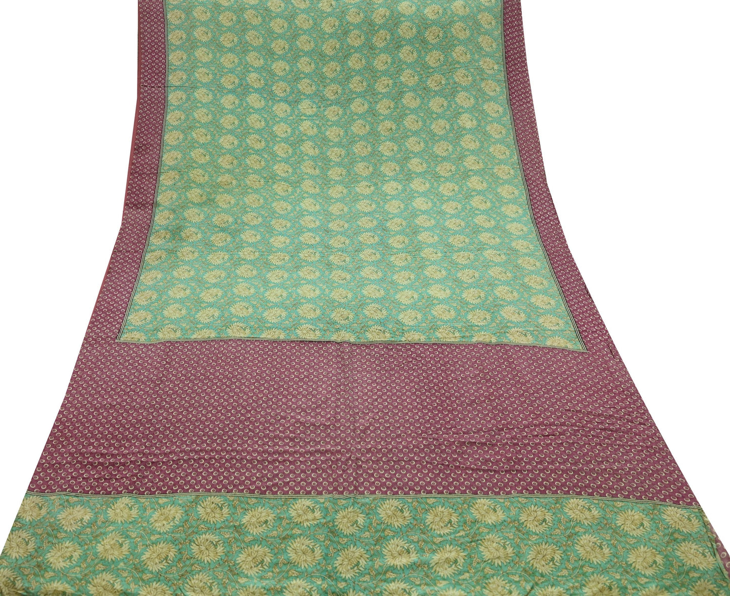 Indian Vintage Sari Green & Pink Pure Crepe Silk Printed Saree 5yd Sewing Floral Soft Craft Fabric Wrap Dress making Crafting Quilting