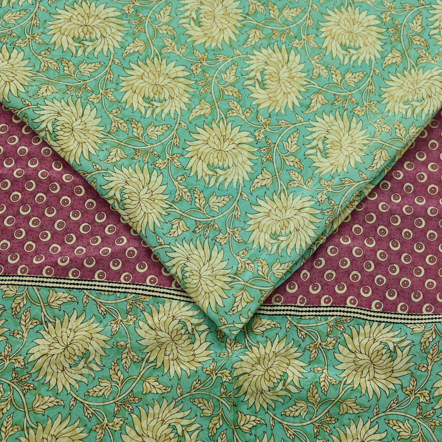 Indian Vintage Sari Green & Pink Pure Crepe Silk Printed Saree 5yd Sewing Floral Soft Craft Fabric Wrap Dress making Crafting Quilting
