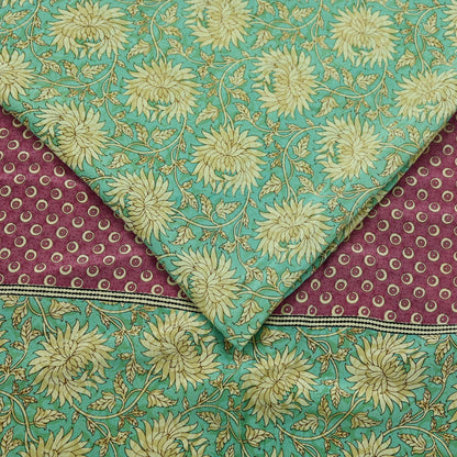 Indian Vintage Sari Green & Pink Pure Crepe Silk Printed Saree 5yd Sewing Floral Soft Craft Fabric Wrap Dress making Crafting Quilting