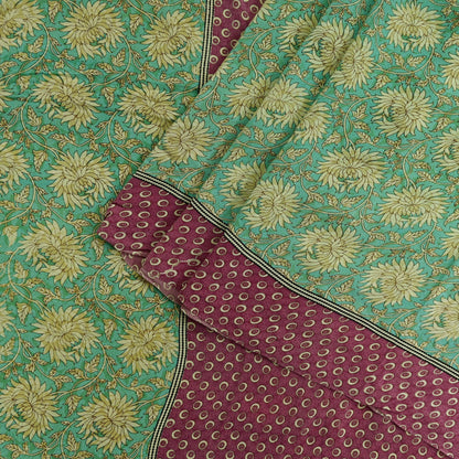 Indian Vintage Sari Green & Pink Pure Crepe Silk Printed Saree 5yd Sewing Floral Soft Craft Fabric Wrap Dress making Crafting Quilting