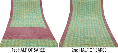 Indian Vintage Sari Green & Pink Pure Crepe Silk Printed Saree 5yd Sewing Floral Soft Craft Fabric Wrap Dress making Crafting Quilting