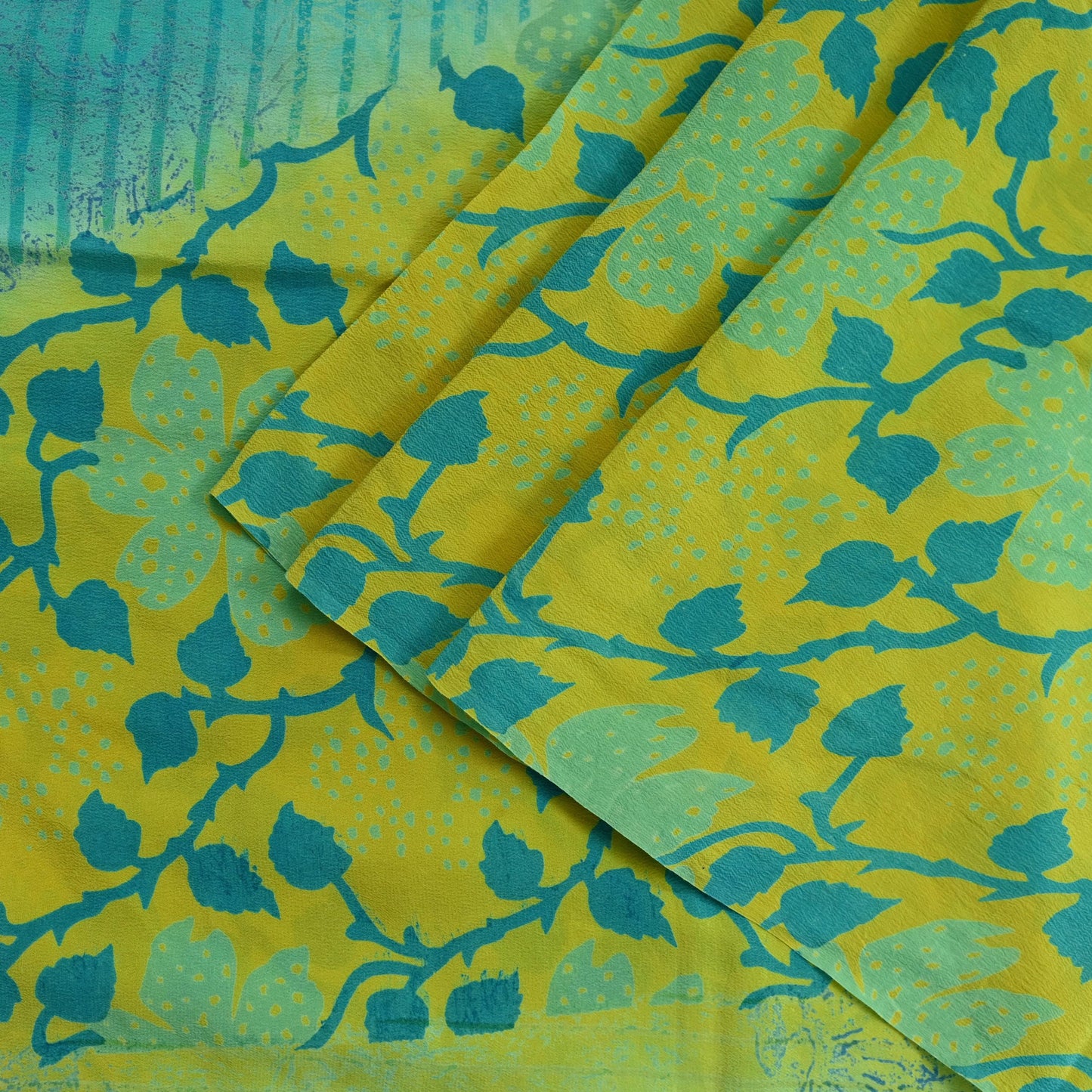 Indian Vintage Sari Lemon & Green Pure Crepe Silk Printed Saree 5yard Sewing Floral Soft Craft Fabric Wrap