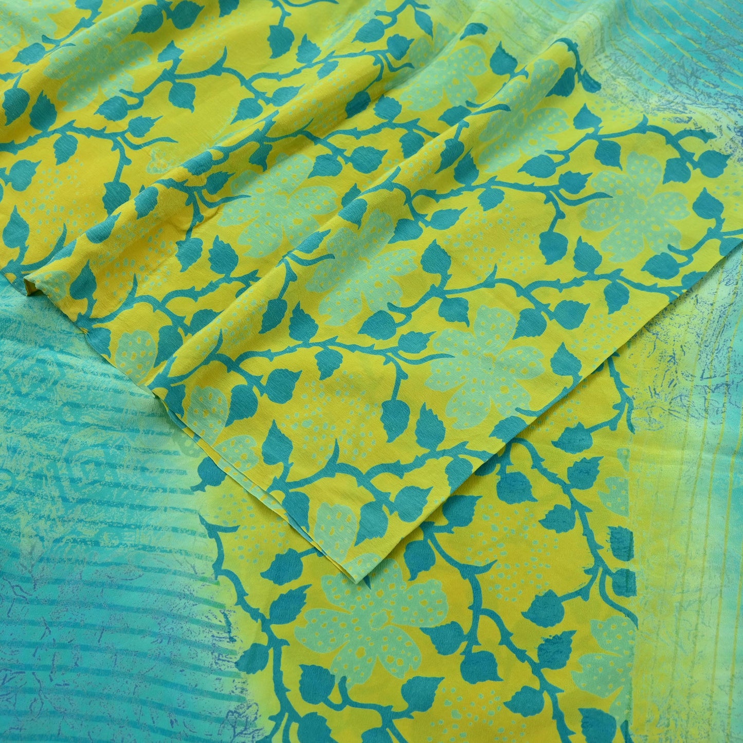 Indian Vintage Sari Lemon & Green Pure Crepe Silk Printed Saree 5yard Sewing Floral Soft Craft Fabric Wrap