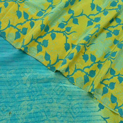 Indian Vintage Sari Lemon & Green Pure Crepe Silk Printed Saree 5yard Sewing Floral Soft Craft Fabric Wrap