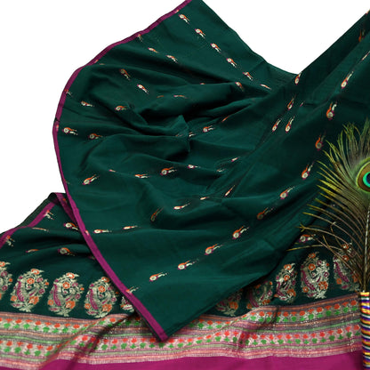 Indian Vintage Sari Green & Pink Hand Woven Sarees 100% Pure Silk Zari 5Yd Craft Fabric Sewing Dress making Quilting Crafting