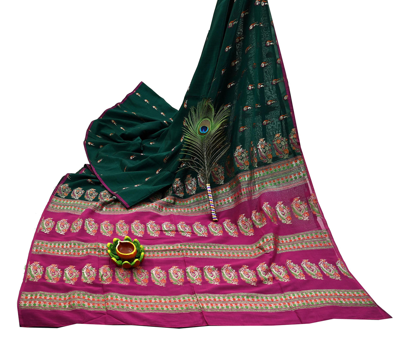 Indian Vintage Sari Green & Pink Hand Woven Sarees 100% Pure Silk Zari 5Yd Craft Fabric Sewing Dress making Quilting Crafting