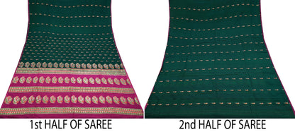 Indian Vintage Sari Green & Pink Hand Woven Sarees 100% Pure Silk Zari 5Yd Craft Fabric Sewing Dress making Quilting Crafting