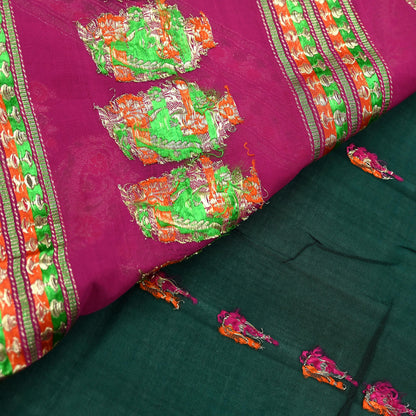 Indian Vintage Sari Green & Pink Hand Woven Sarees 100% Pure Silk Zari 5Yd Craft Fabric Sewing Dress making Quilting Crafting