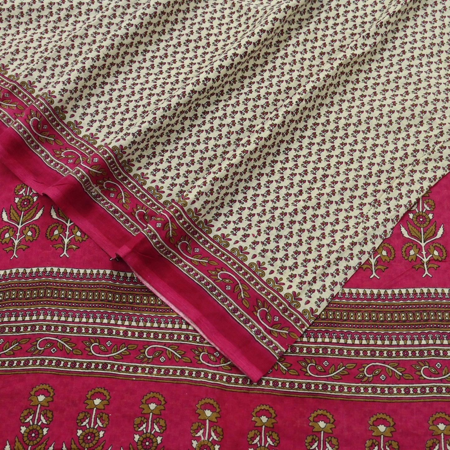 Indian Vintage Sari Ivory & Pink Printed Blend Cotton Saree Craft Fabric 5Yd Soft Sewing Sarong Wrap Boho Floral Dress making Crafting