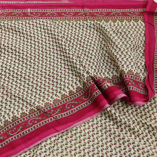 Indian Vintage Sari Ivory & Pink Printed Blend Cotton Saree Craft Fabric 5Yd Soft Sewing Sarong Wrap Boho Floral Dress making Crafting