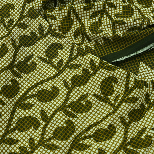 Indian Vintage Sari Green & Ivory Printed Pure Cotton Sarees 5Yd Craft Fabric Soft Sewing Sarong Wrap Boho Upcycle quilting Dress making