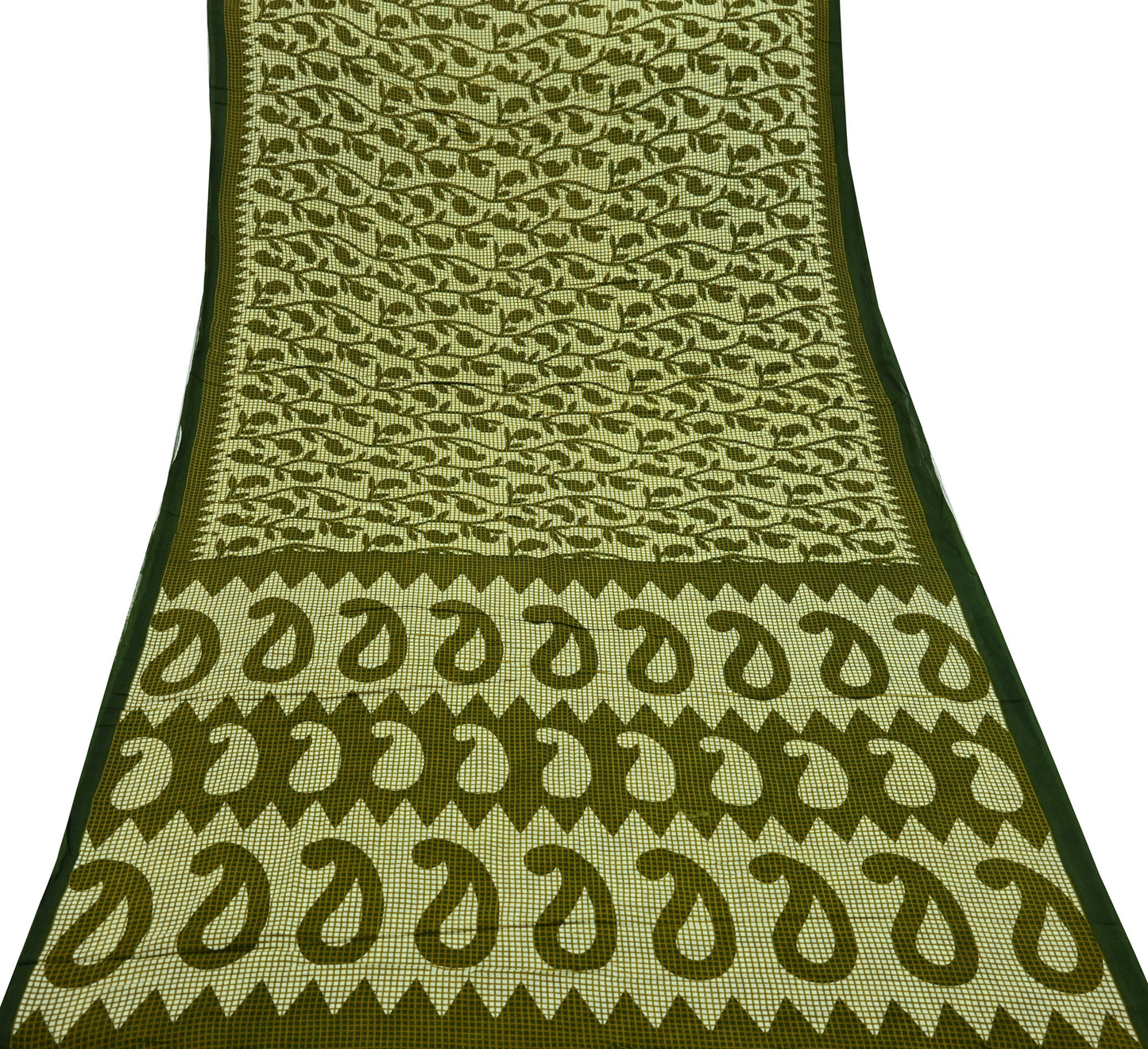 Indian Vintage Sari Green & Ivory Printed Pure Cotton Sarees 5Yd Craft Fabric Soft Sewing Sarong Wrap Boho Upcycle quilting Dress making