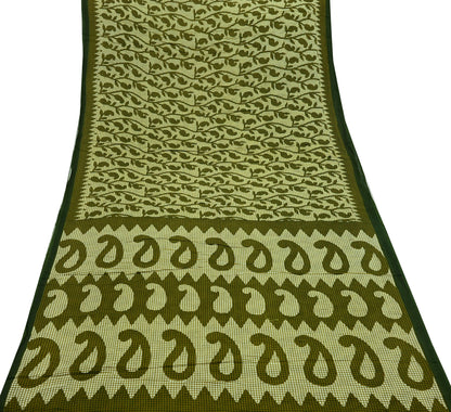 Indian Vintage Sari Green & Ivory Printed Pure Cotton Sarees 5Yd Craft Fabric Soft Sewing Sarong Wrap Boho Upcycle quilting Dress making