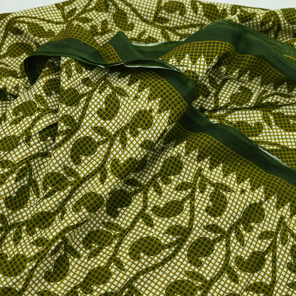Indian Vintage Sari Green & Ivory Printed Pure Cotton Sarees 5Yd Craft Fabric Soft Sewing Sarong Wrap Boho Upcycle quilting Dress making