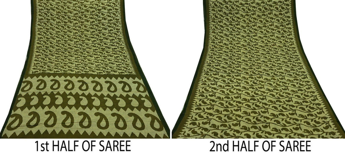 Indian Vintage Sari Green & Ivory Printed Pure Cotton Sarees 5Yd Craft Fabric Soft Sewing Sarong Wrap Boho Upcycle quilting Dress making