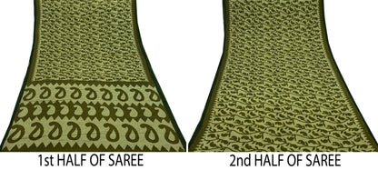 Indian Vintage Sari Green & Ivory Printed Pure Cotton Sarees 5Yd Craft Fabric Soft Sewing Sarong Wrap Boho Upcycle quilting Dress making