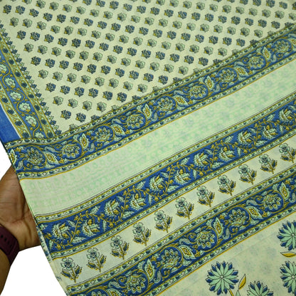 Indian Vintage Sari Ivory Block Printed Pure Cotton Sarees 5Yd Craft Fabric Soft Sewing Sarong Wrap Boho Upcycle quilting Dress making