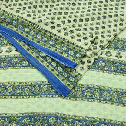 Indian Vintage Sari Ivory Block Printed Pure Cotton Sarees 5Yd Craft Fabric Soft Sewing Sarong Wrap Boho Upcycle quilting Dress making