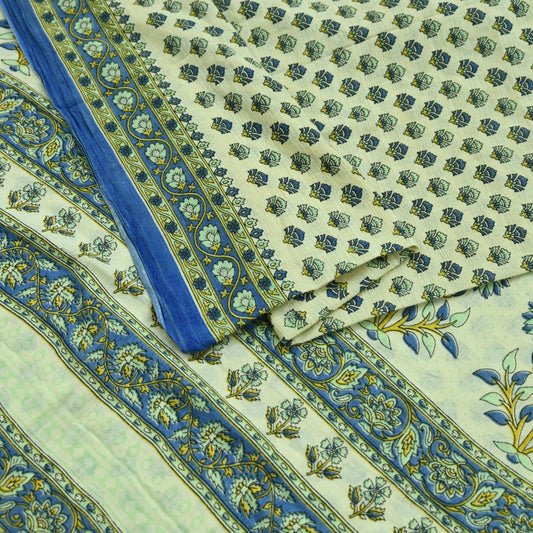 Indian Vintage Sari Ivory Block Printed Pure Cotton Sarees 5Yd Craft Fabric Soft Sewing Sarong Wrap Boho Upcycle quilting Dress making