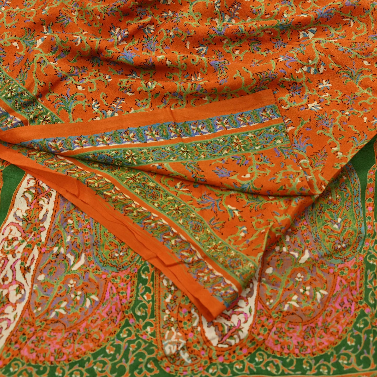 Indian Vintage Sari Orange 100% Pure Silk Printed Saree Craft Fabric 6yd Sewing Dress Making Soft Wrap Paisley Quilting Crafting Upcycle