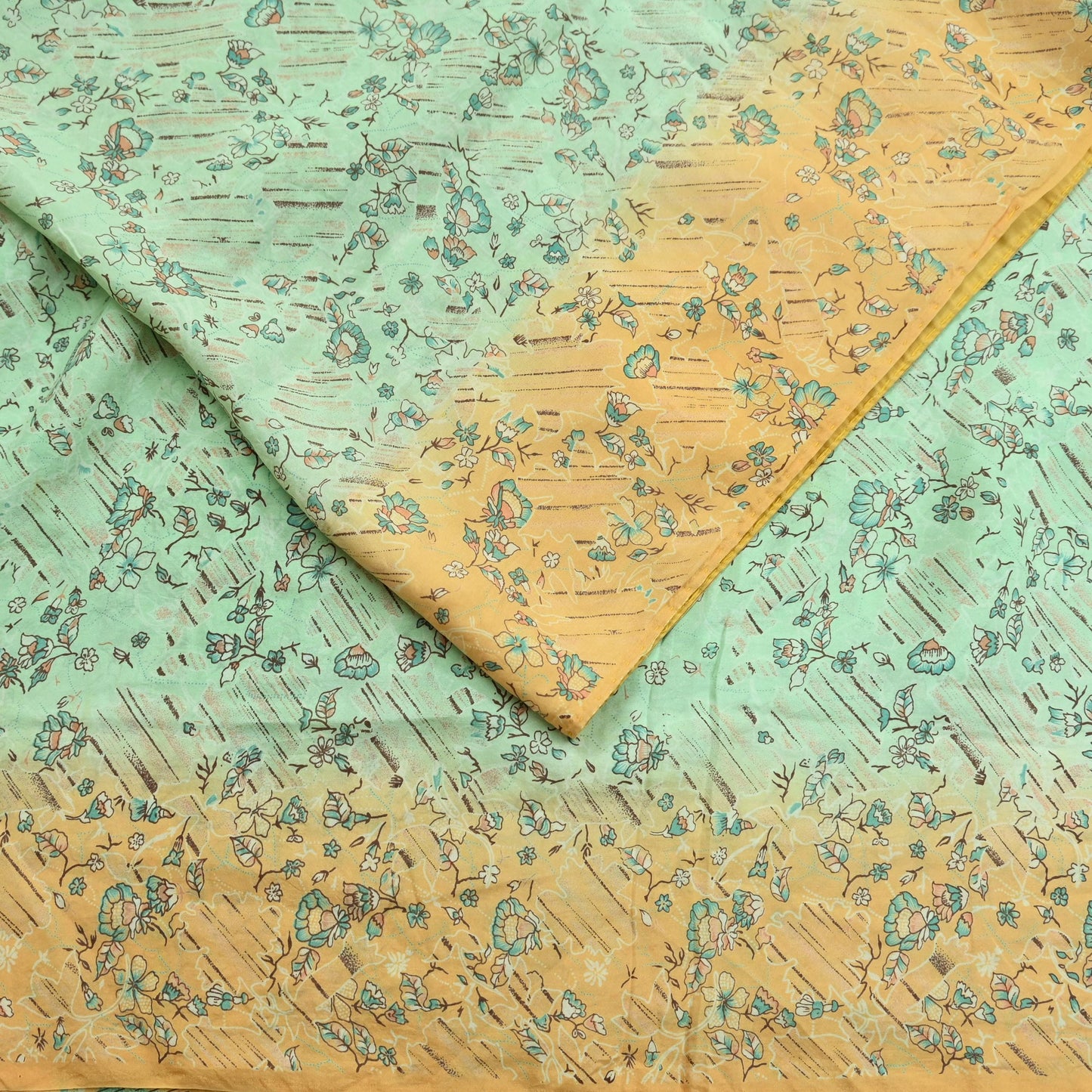 Indian Vintage Sari Green & Beige Pure Silk Printed Sarees Craft Fabric 5yd Sewing Floral Dress Making Soft Crafting Quilting Upcycle
