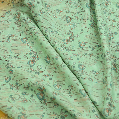 Indian Vintage Sari Green & Beige Pure Silk Printed Sarees Craft Fabric 5yd Sewing Floral Dress Making Soft Crafting Quilting Upcycle