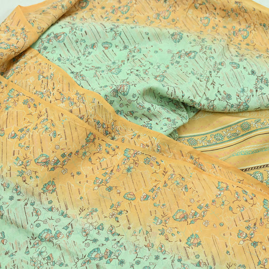 Indian Vintage Sari Green & Beige Pure Silk Printed Sarees Craft Fabric 5yd Sewing Floral Dress Making Soft Crafting Quilting Upcycle