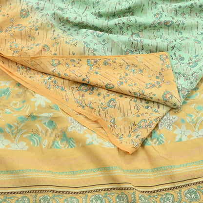 Indian Vintage Sari Green & Beige Pure Silk Printed Sarees Craft Fabric 5yd Sewing Floral Dress Making Soft Crafting Quilting Upcycle